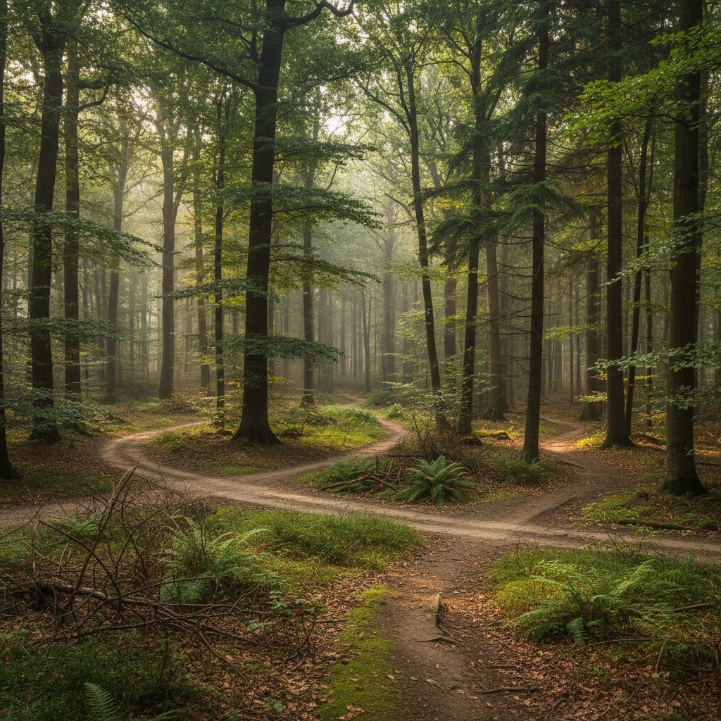 Ein Waldweg gabelt sich in einem nebligen, von Sonnenlicht durchfluteten Mischwald.